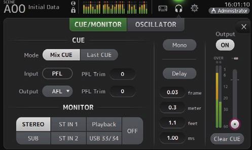 Pulsante Parent directory File selezionato Schermata MONITOR Permette di gestire i segnali cue e monitor e di controllare gli oscillatori.