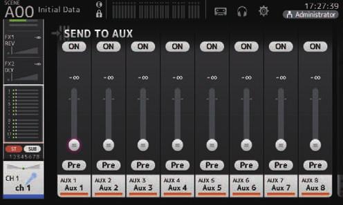 Schermate di configurazione Schermata SEND TO AUX Permette di configurare la quantità di segnale da inviare ai bus AUX da ciascun canale.
