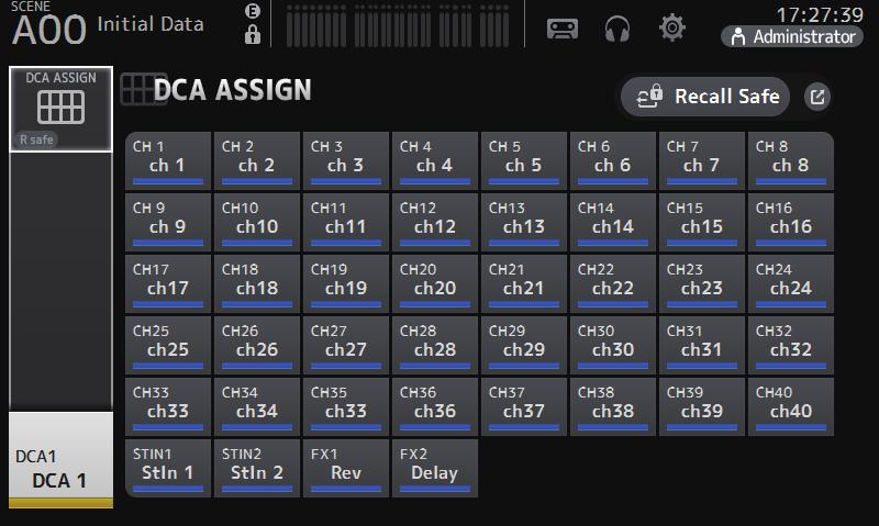 Schermate di configurazione Schermata DCA ASSIGN Permette di raggruppare insieme i canali assegnandoli ai gruppi DCA. Assegnazione dei canali a un gruppo DCA 1.