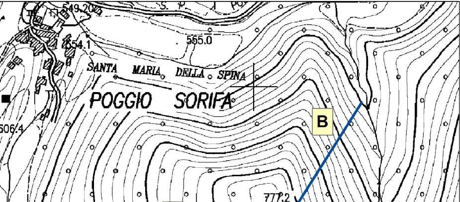 A: Scala 1:10.000; Quota max 750 m s.l.m.; Quota min 600 m s.