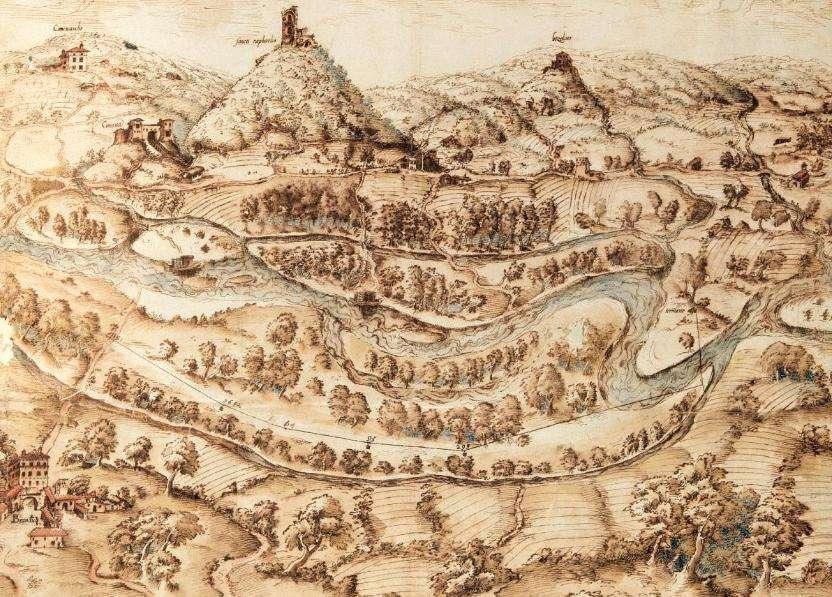 CONFIGURAZIONE FISICA Storia dei luoghi-le modifiche del paesaggio Veduta della collina Casalese del 1582. Tipo del corso del fiume Po del 1690.