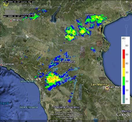 Mappe di riflettività del 27/11/2009 alle 02:15 UTC (in alto a sinistra), alle 03:30 UTC (in alto a destra), alle 04:45 (in basso a sinistra) e alle 05:30 UTC (in basso a destra).