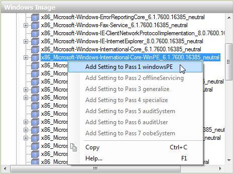 Fare clic col tasto destro del mouse su Microsoft-Windows-International-Core-WinPE > Aggiungi Impostazione a passaggio 1 di windowspe.