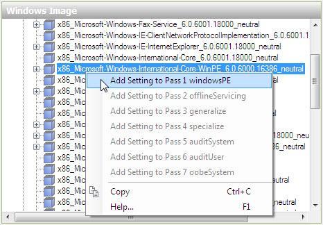 Fare clic col tasto destro del mouse su Microsoft-Windows-International-Core-WinPE > Aggiungi Impostazione a Passaggio 1 di windowspe.