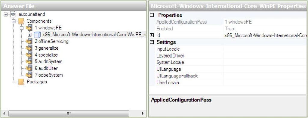 Selezionare Microsoft-Windows-International-Core-WinPE nel riquadro "File di Risposta".
