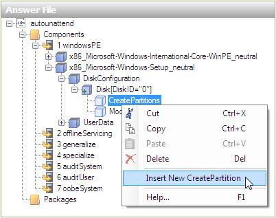 Nel riquadro "File di Risposta", espandere Disk[DiskID ="0"] > tasto destro del mouse su CreatePartitions > Inserisci Nuovo CreatePartition.