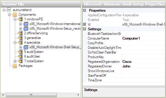 Esempio: Computer1, Cisco, e John. Espandere Microsoft-Windows-Shell-Setup nel component 4 specialize del riquadro "File di Risposta".