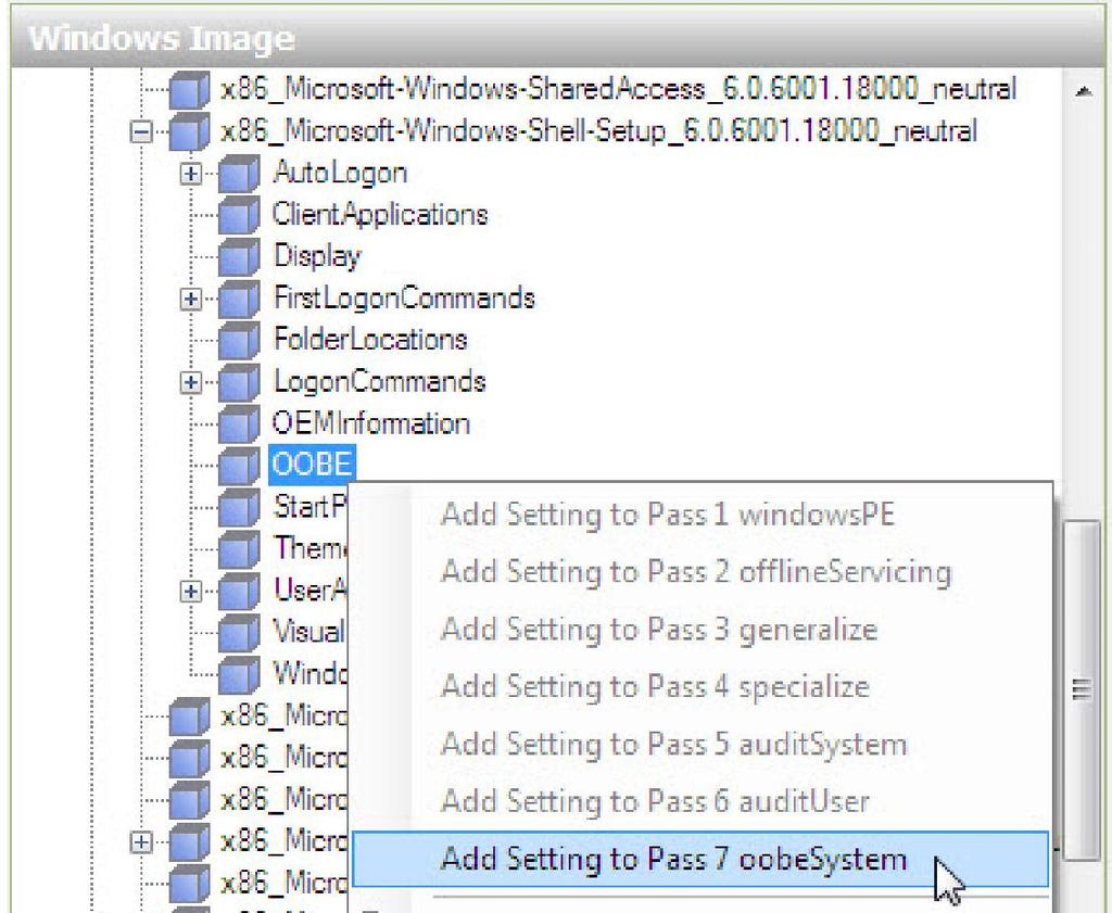 Selezionare Microsoft-Windows-Shell-Setup nel riquadro "File di Risposta" sotto component 7 oobe System.