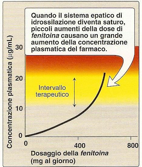 Effetto non lineare del dosaggio della fenitoina sulla concentrazione plasmatica Assorbimento lento Si lega proteine