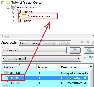 6 Selezionare il codice L4001N Tenendo premuto il tasto sinistro del mouse, trascinarlo sopra la scritta Acensione Luce 1 e