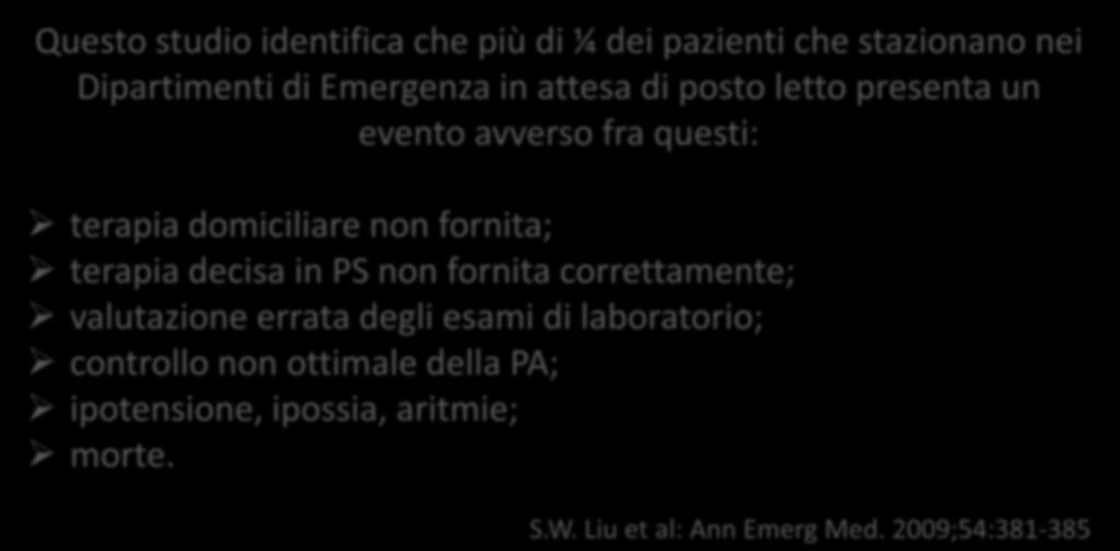 Overcrowding: esiti negativi Questo studio identifica che più di ¼ dei pazienti che stazionano nei Dipartimenti di Emergenza in attesa di posto letto presenta un evento avverso fra questi: terapia