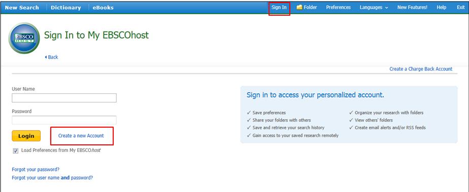 Se dovete creare una cartella personale MIO EBSCOhost, cliccate sul link Sign In