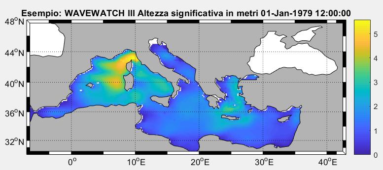 Figura 5 - Altezza significativa nel mediterraneo relativo al 1/01/1970 ore 12:00 Esempio di estrazione di una serie mensile delle altezze significative, per tutto il mese di gennaio del 1979,