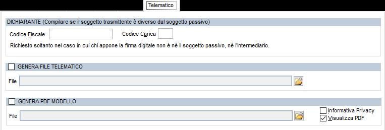 file telematico: TELEMATICO Nell ultima pagina Telematico è possibile selezionare le due opzioni: Generazione del file telematico in formato XML Stampa del modello ministeriale Impostando