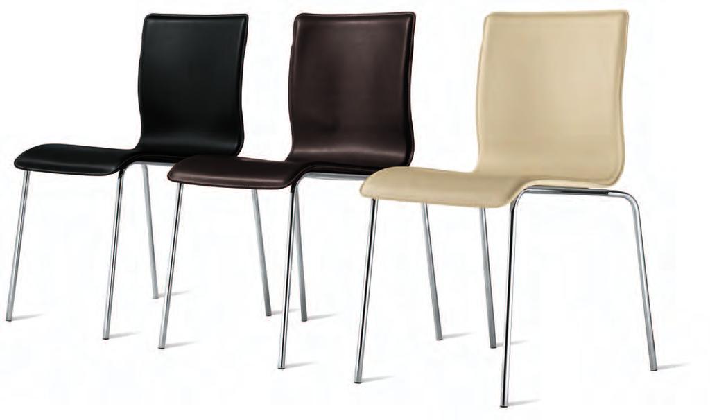 cuoio rigenerato, disponibile in 5 varianti di colore. Chair with embossed aluminium coloured or chromium plated metal frame. Monocoque in regenerated thick hide, available in 5 different colours.