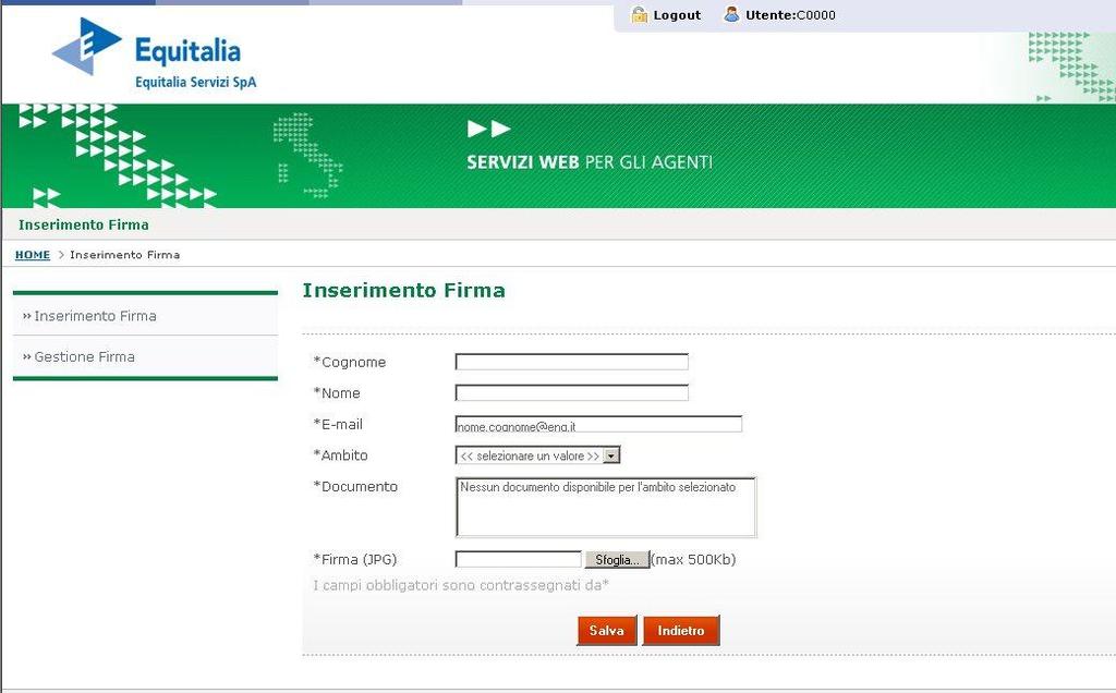 2.4. Gestionale Firme-Inserimento Firma Selezionando la voce Inserimento firma dall home page del servizio, viene proposta all utente una maschera per l'inserimento dei dati di una firma come in