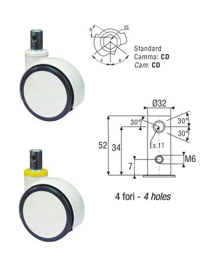 Serie O 26 Ruote gemellate in poliuretano grigio antitraccia Grey non-marking thermoplastic polyurethane twin castor --JD: Ruote gemellate in poliuretano antitraccia scorrevole su cuscinetti a sfera