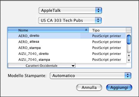 2-8 Installazione del software utente su computer Mac OS 2. Fare clic su Aggiungi nella finestra di dialogo Elenco Stampanti. 3. Selezionare AppleTalk o la stampa IP dal menu a comparsa. 4.