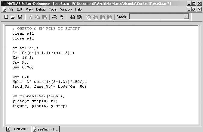.. bin help toolbox files simulink work» cd files» pwd ans = e:\programmi\matlab\files Script (4) Negli script è possibile inserire dei commenti utilizzando il carattere % (ciò che segue non