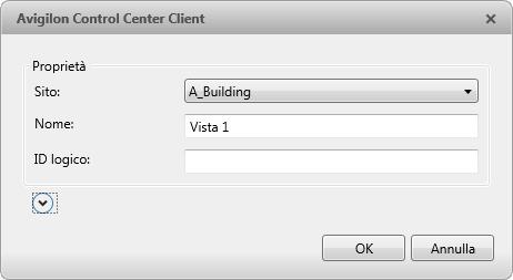 Avigilon Control Center Enterprise Web Client a. Selezionare il sito a cui si desidera aggiungere la view. b. Assegnare un nome alla view salvata. c. Assegnare alla view salvata un ID logico.
