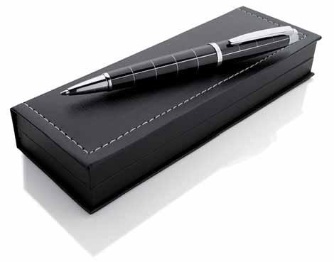 Metal ball point pen with laquer finish and reticular design packed in elegant gift box.