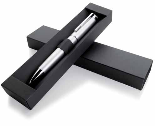 Aluminium ball point pen with twist mechanism, packed in cylindrical case.