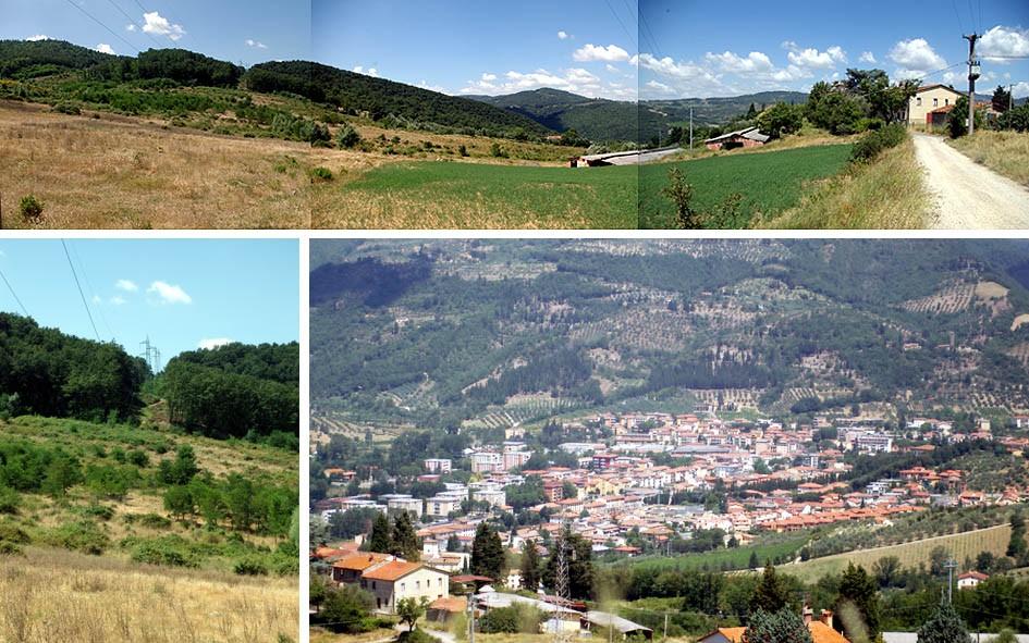 Figura 3: Aree agricole in località Masseto e veduta dall'alto dell'abitato di Rufina.