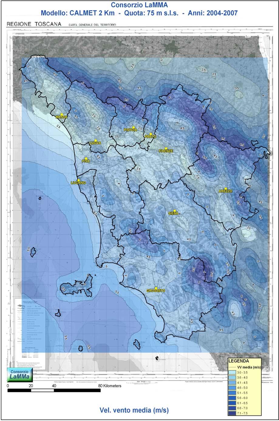 Mappe delle potenzialità eoliche della regione Toscana Fig.