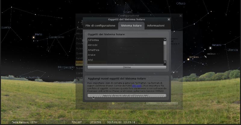 Nella schermata che viene mostrata dovete selezionare il tab "sistema solare" e poi cliccare sul pulsante "Importa elementi orbitali nel formato MPC.