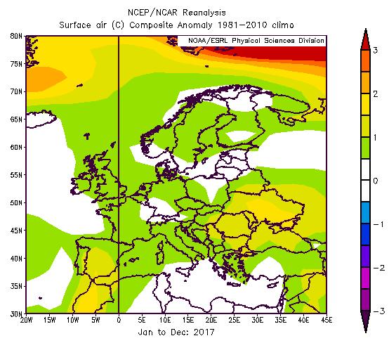 In Europa complessivamente è stato il quinto anno più caldo dopo il record del 1 (il più caldo) e del 15 (il secondo più caldo) confermando che gli ultimi anni sono stati i più caldi nell ultimo