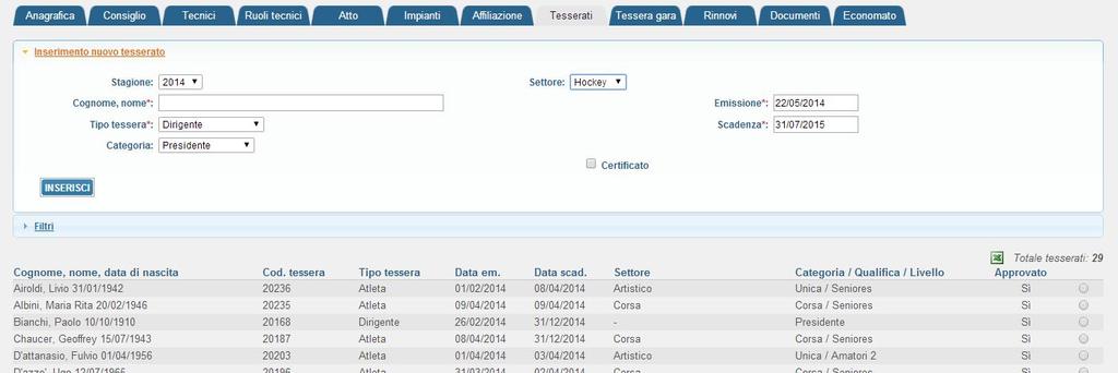 2 h) - Tesserati: Attraverso questo menu l associazione potrà tesserare i propri atleti o dirigenti, potrà eseguire ricerche tra quelli già presenti o estrarre un file Microsoft Excel con tutte le