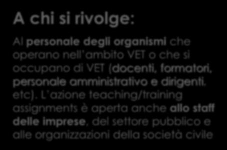 VET Staff Obiettivo: Aggiornare/acquisire conoscenze pratiche e/o abilità pedagogiche dei