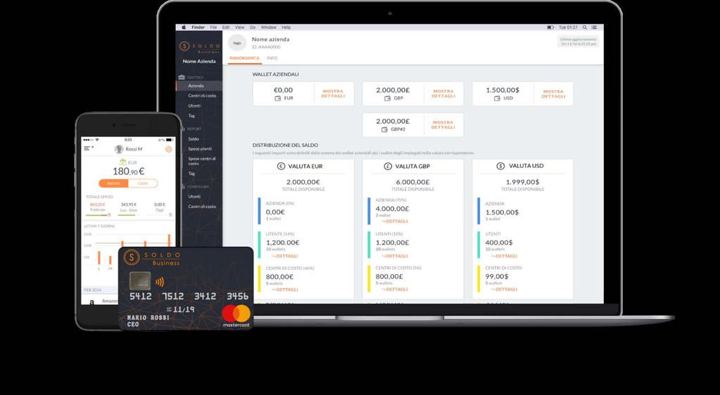 SOLDO: LA SOLUZIONE Soldo consente di gestire le spese dei dipendenti in trasferta, degli acquisti aziendali e il pagamento del carburante COME FUNZIONA L azienda apre un conto Soldo e crea