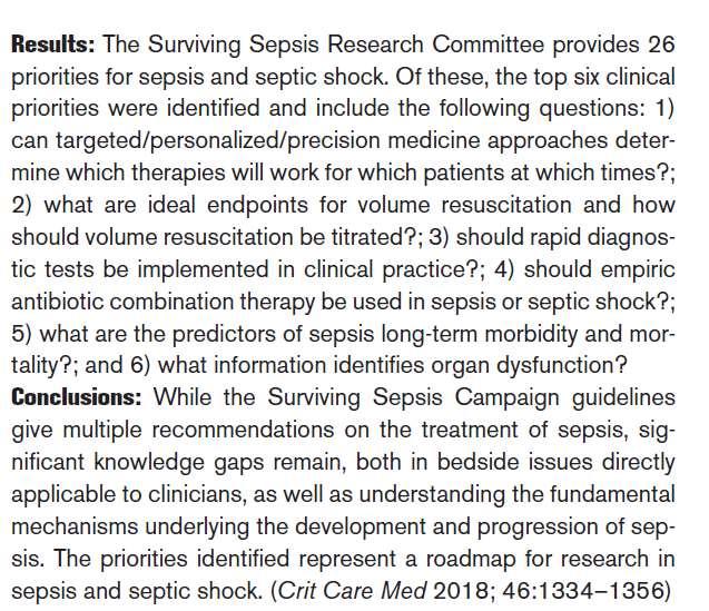 Il Comitato per la ricerca sulla sepsi fornisce 26 priorità per la sepsi e lo shock settico.