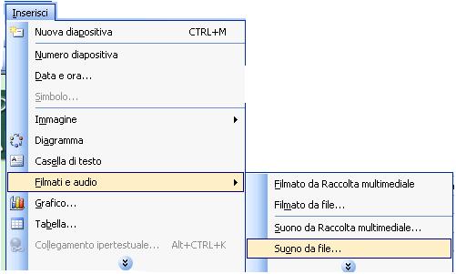 Suono Dal menu inserisci filmati e audio è possibile