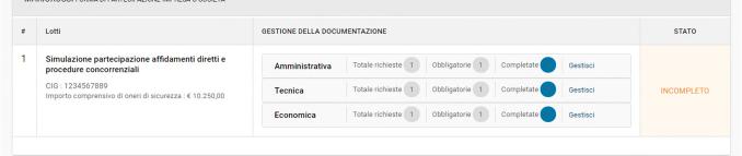 Cliccare Gestisci accanto al tipo di richiesta per iniziare l iter di caricamento della documentazione di gara.
