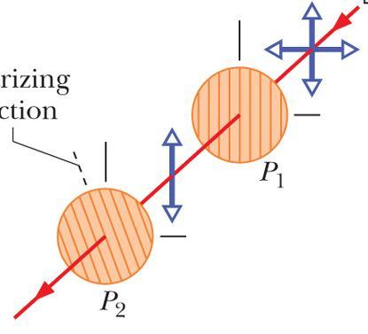 Doppio filtro polarizzante In figura vediamo il caso di luce non polarizzata che attraversa due filtri disposti in sequenza: P 1 seleziona luce polarizzata verticalmente; della radiazione uscente, P