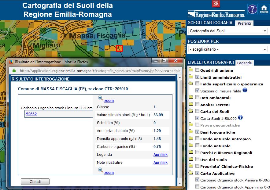 4.2 Consultazione sul sito WEBGIS La carta del Carbonio organico immagazzinato nei suoli di pianura tra 0-30 cm è consultabile sul sito Cartografia dei suoli della Regione Emilia-Romagna 3, definito