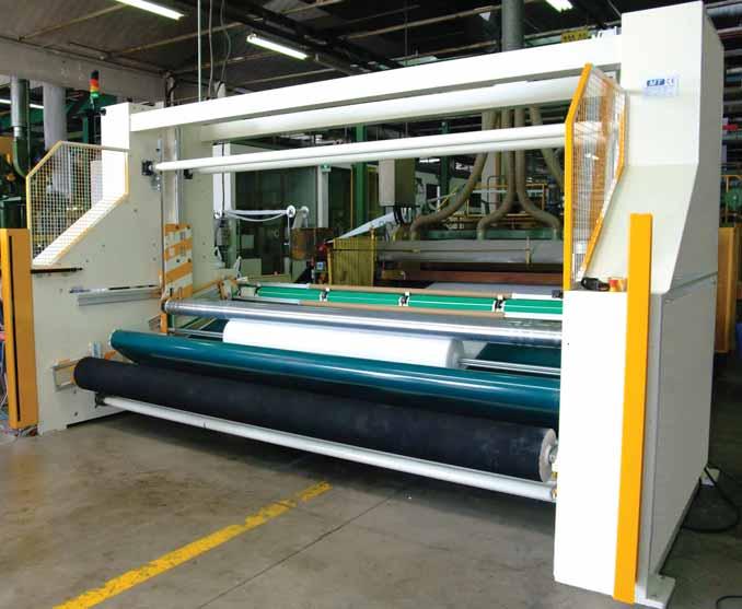 Automatic winder end line for thermo bonding fabrics (health, building, automotive, filtration) from 60 to 2800 gr/m², maximum diameter 1500 mm, automatic
