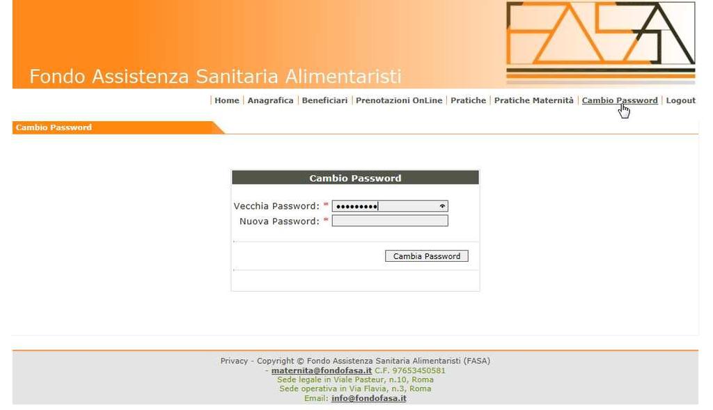 Nel portale è prevista inoltre l opzione Cambio password, al fine di permettere agli iscritti di utilizzare una credenziale