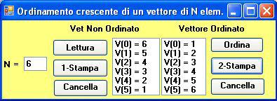 3) Codice Ordina_Click Dim, J, temp As nteger For = 0 To N-2 For J = + 1 To N-1 f (V() > V(J)) Then temp = V() V() = V(J) V(J) = temp 5.6) Codice Btn1-Stampa_Click VetNonOrd.tems.Add(x & & y & V()) 5.