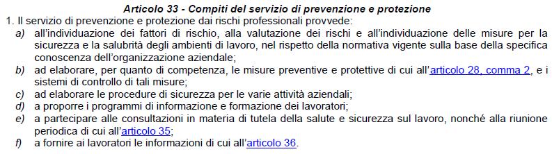 Articolo 33 - Compiti del servizio di prevenzione e