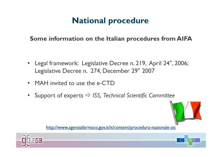 In Italia la procedura nazionale è regolamentata dai Decreti Legislativi che attuano le Direttive 2001/83/CE e 2003/94/CE.