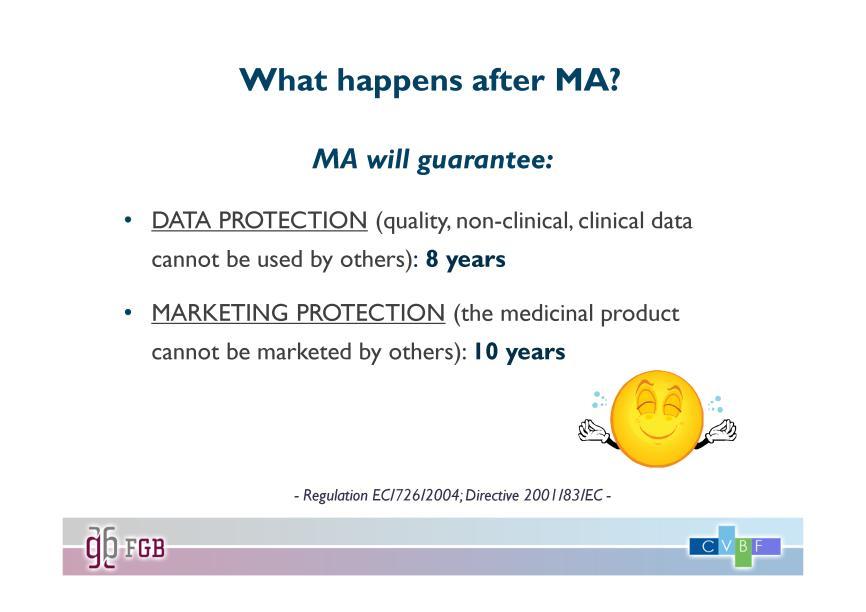 In accordo con il Regolamento 726/2004 e la Direttiva 2001/83/CE, i farmaci autorizzati dall EMA o dalle Autorità Nazionali Competenti beneficiano di un periodo di 8 anni di protezione dei dati (il