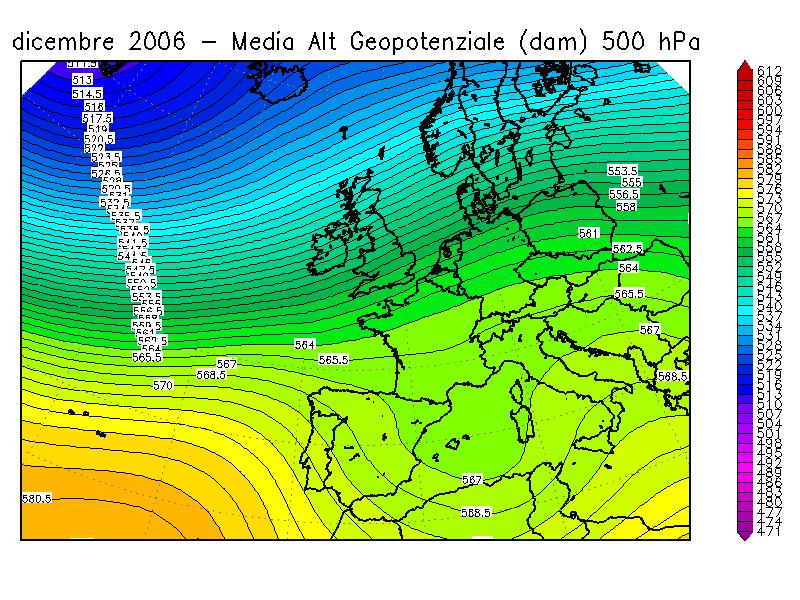 destra) Come emerge a prima vista dal confronto delle mappe di pressione in quota di Figura 19, nel mese di Dicembre 2006 la pressione è stata globalmente più alta della media su gran parte d Europa.