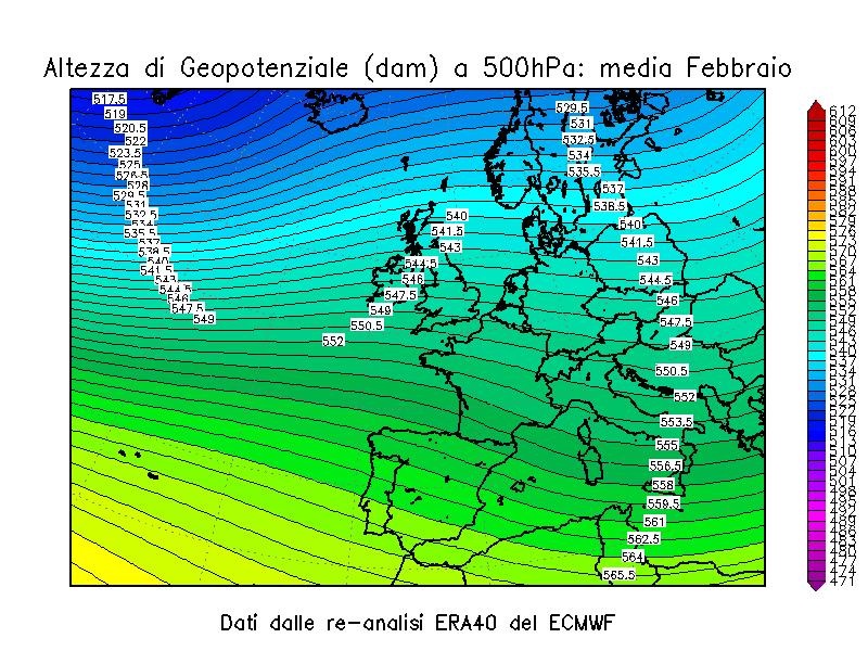 Figura 2: anomalia standardizzata del mese di Febbraio 2006 rispetto alla climatologia 1957-2002, per la temperatura a 850 hpa, circa 1500 m di quota (a sinistra) e il geopotenziale a 500 hpa (a