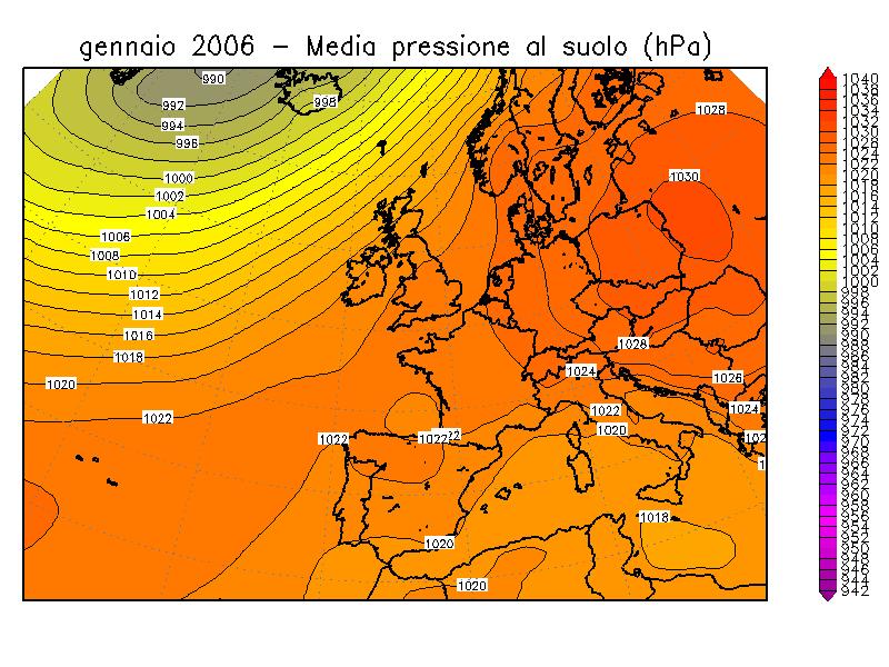 Figura 4: pressione a livello del mare dei mesi di Gennaio 2006 (a sinistra) e Febbraio 2006 (a destra) Marzo 2006 Nel mese di Marzo si è mantenuta l anomalia termica negativa, associata alla