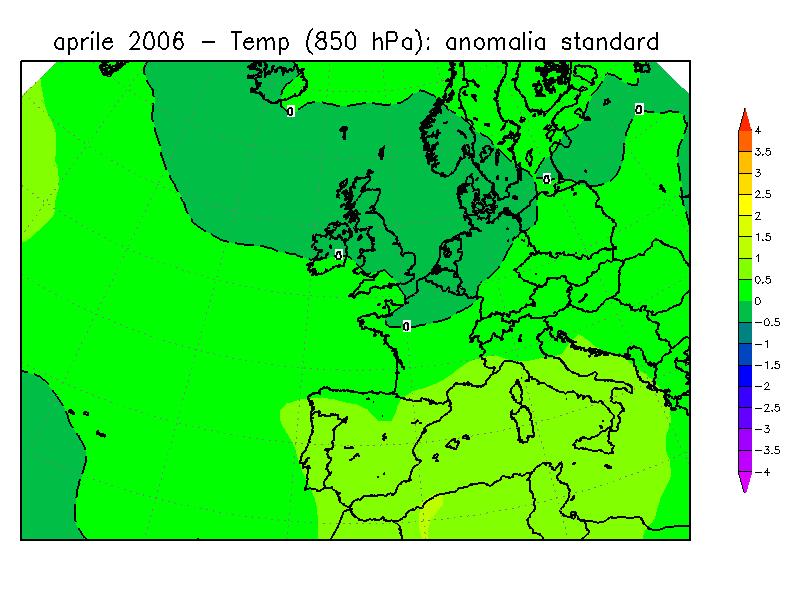 Figura 6: anomalia standardizzata, rispetto alla climatologia 1957-2002, della temperatura a 850 hpa (circa 1500 m di quota) nel mese di Aprile 2006 (a sinistra) e del geopotenziale a 500 hpa nel