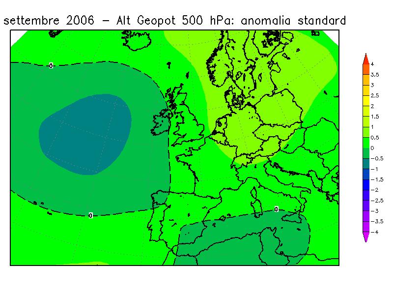 Figura 14: anomalia standardizzata del mese di Settembre 2006 rispetto alla climatologia 1957-2002, per il geopotenziale a 500 hpa (a sinistra) e la temperatura a 850 hpa, circa 1500 m di quota (a