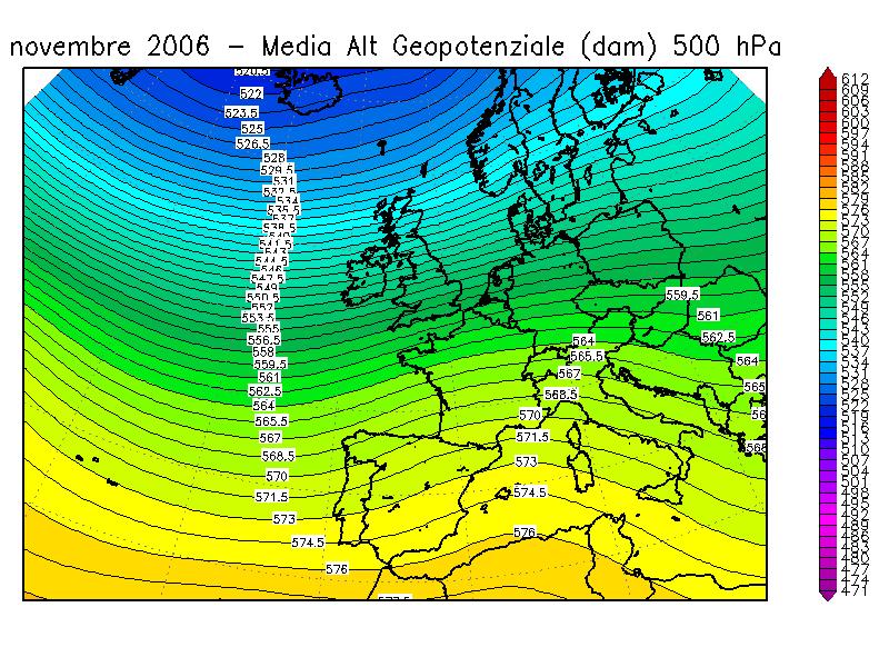 Figura 16: geopotenziale a 500 hpa del mese di Novembre nell anno 2006 (a sinistra) e del mese di Novembre nel periodo climatico 1957-2002 (a destra) Di riflesso, la saccatura al largo dell Atlantico